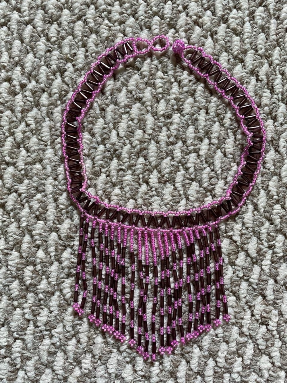 Handmade Pink and Brown Beaded Fringe Necklace